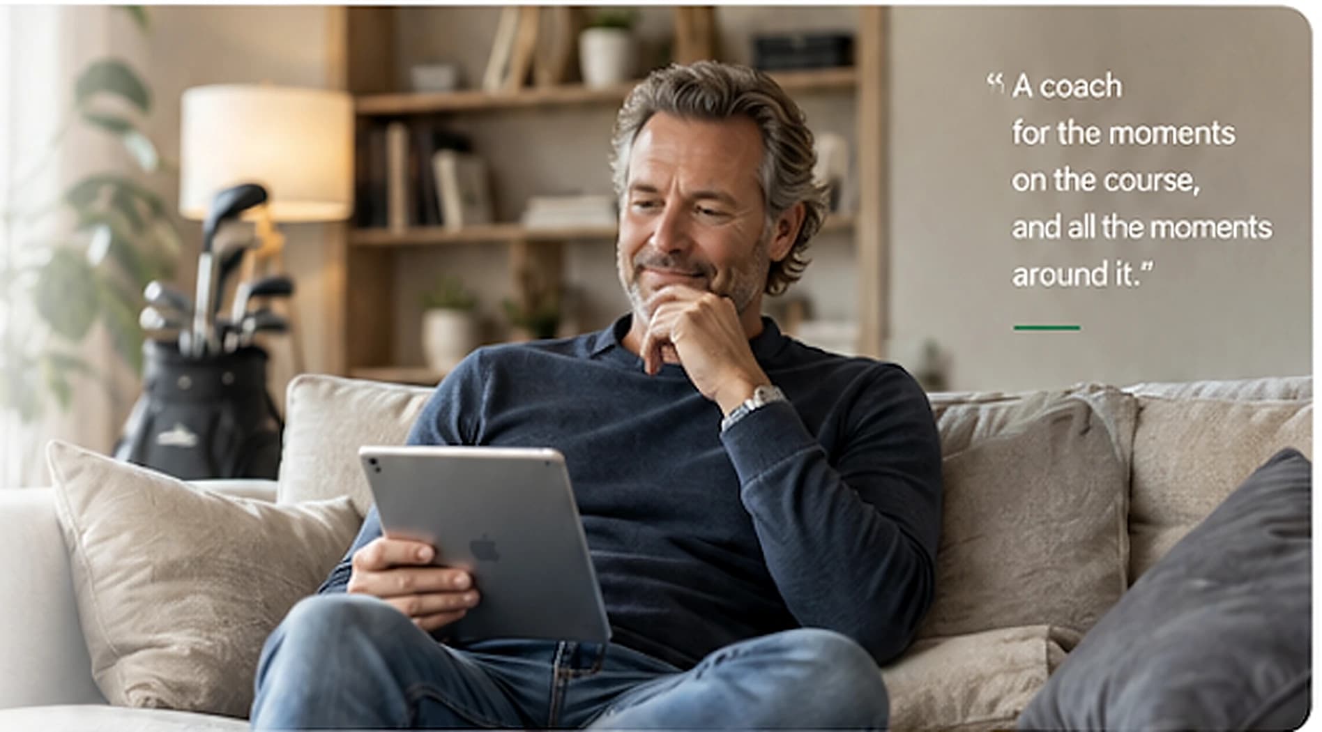 A golfer at home in casual clothes, seated on a sofa with an iPad after a day of golf